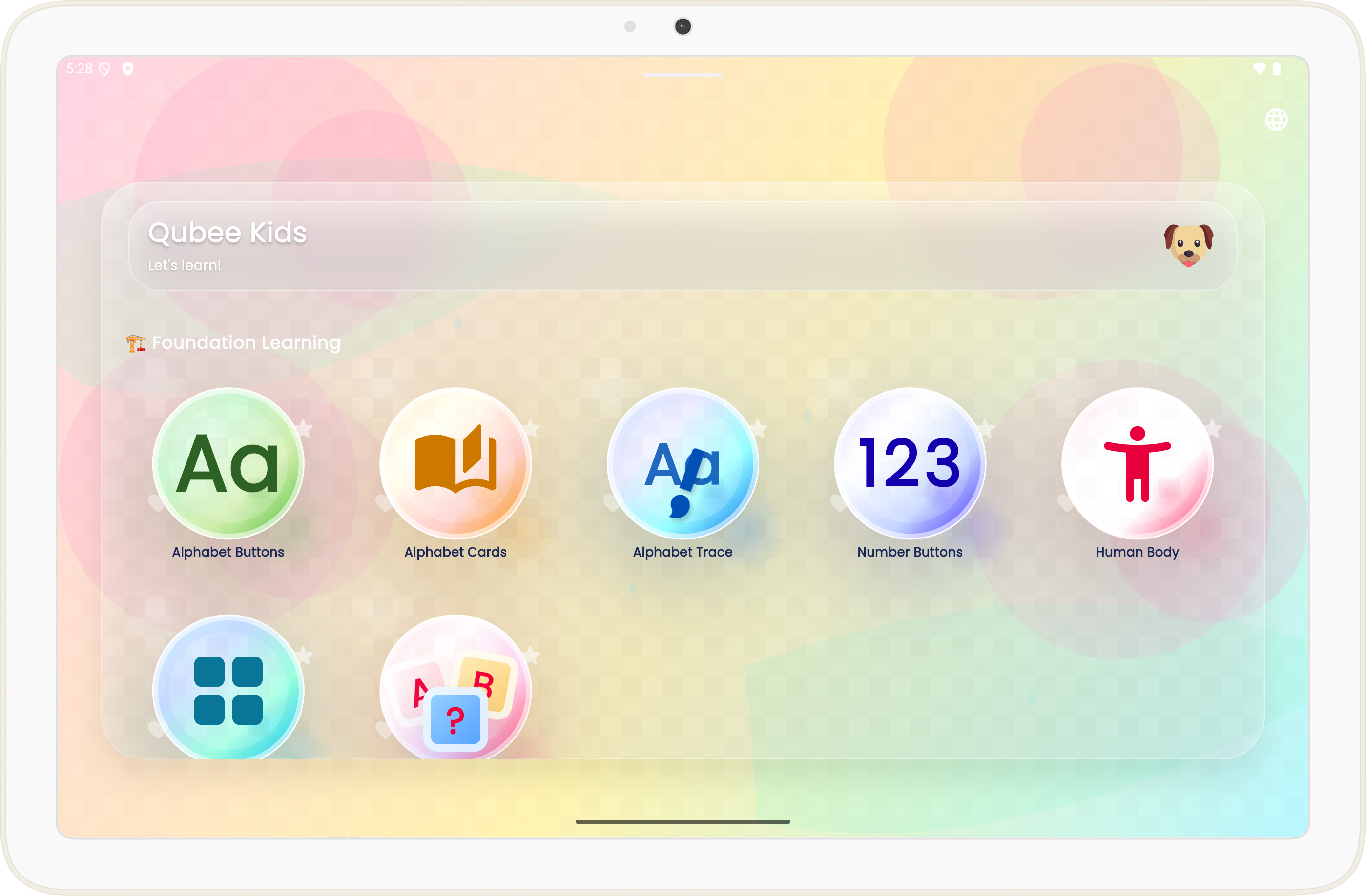 Qubee Kids Oromo language learning app main menu with alphabet flashcards, numbers, and educational games for children