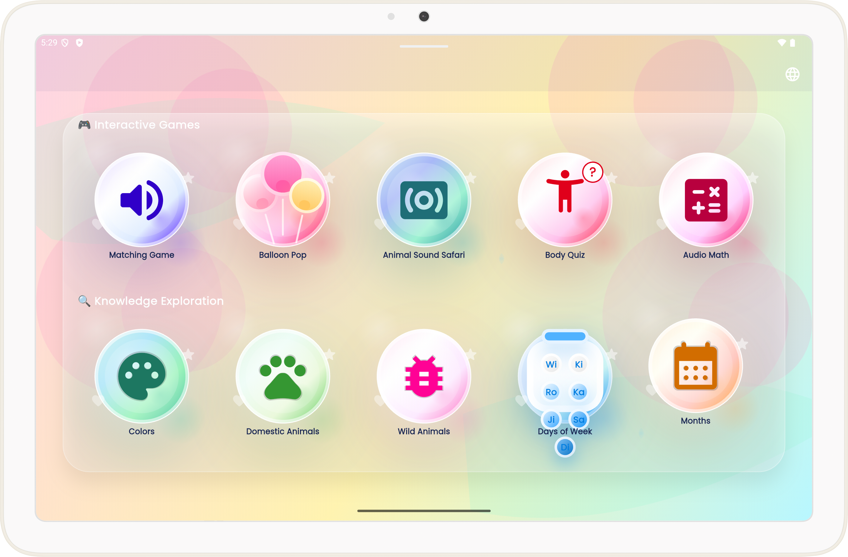 Qubee Kids menu screen on tablet